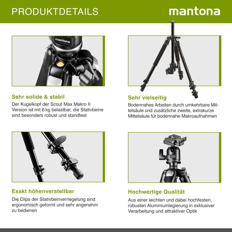 Mantona Scout MAX Makro II -jalusta, alumiini, korkeus 153 cm, kantavuus 6 kg, kuulapää
