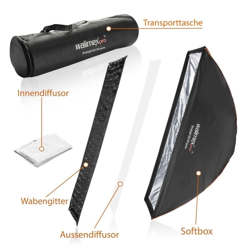 Walimex pro Studio Line Striplight-softbox 40 x 120 cm, taitettava, sisältää diffuusorit ja kenno-gridin