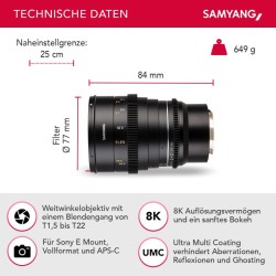 Samyang MF 24mm T1,5 VDSLR MK2 videon laajakulmaobjektiivi Sony E