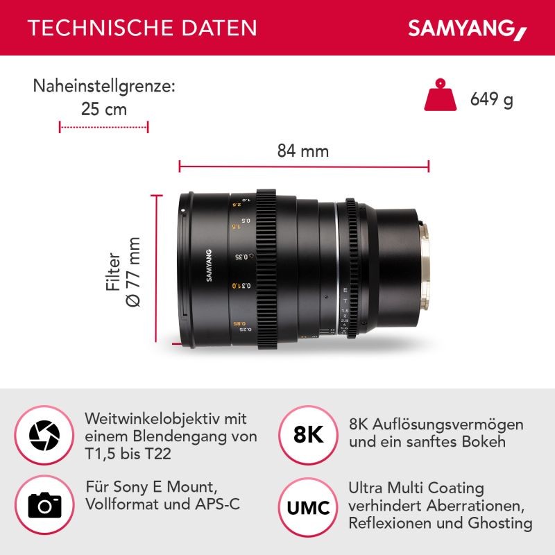 Samyang MF 24mm T1,5 VDSLR MK2 videon laajakulmaobjektiivi Sony E