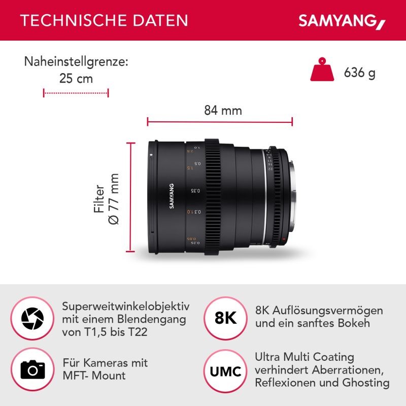 Samyang MF 24mm T1,5 VDSLR MK2 MFT laajakulmainen videolinssi