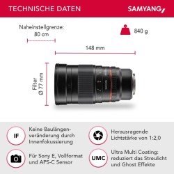 Samyang 135mm f/2.0 ED UMC teleobjektiivi Sony E-kiinnitykselle, manuaalinen tarkennus