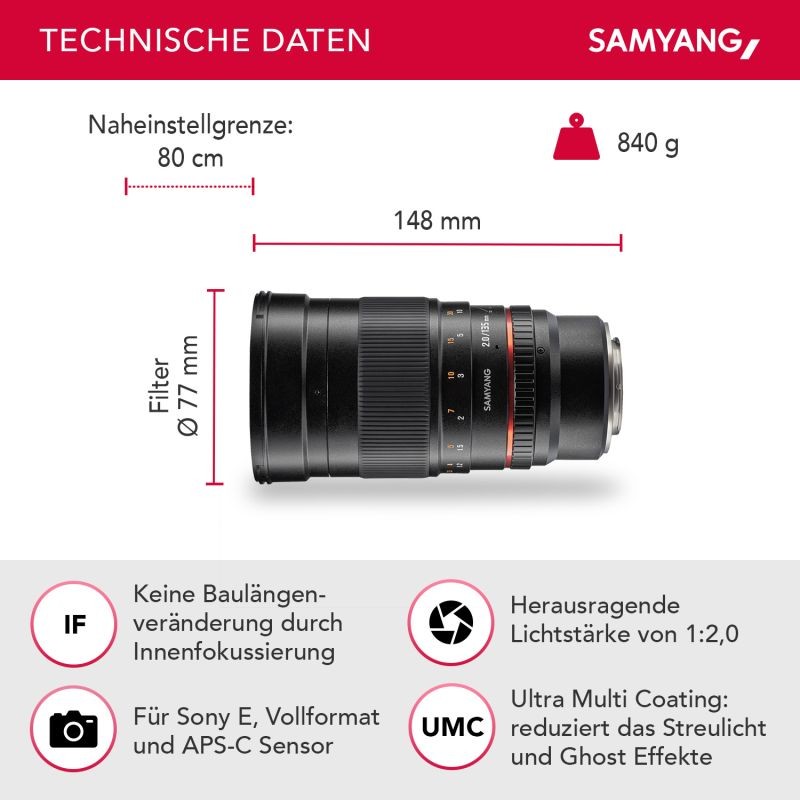Samyang 135mm f/2.0 ED UMC teleobjektiivi Sony E-kiinnitykselle, manuaalinen tarkennus