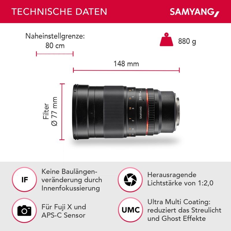 Samyang 135mm f/2.0 teleobjektiivi Fujifilm X -sarjalle, manuaalinen tarkennus
