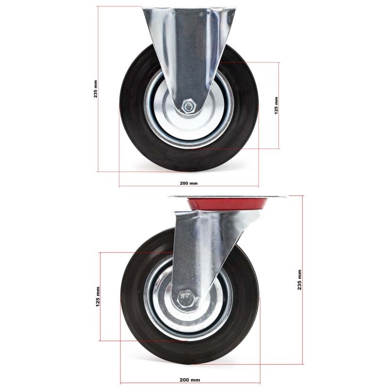 Kuljetuspyöräsarja 200 mm, 2x kääntyvä ja 2x kiinteä pyörä, kiinnityslevyllä, 150 kg/pyörä
