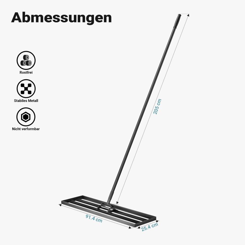 Alumiininen nurmikon tasoitusharava 91,4 x 25,4 cm, 2 m varsi, musta