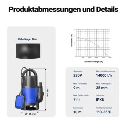 Likaveden uppopumppu 900 W 14000 l/h 35 mm