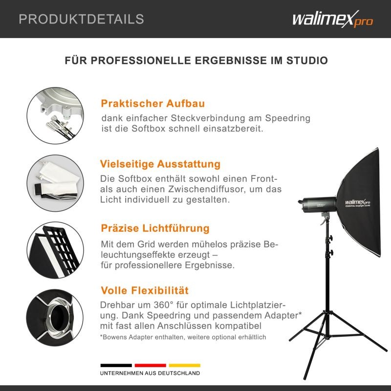Walimex pro Essential Striplight-softbox 22 x 90 cm, kenno, Bowens- ja Elinchrom-adapterit, kuljetuslaukku