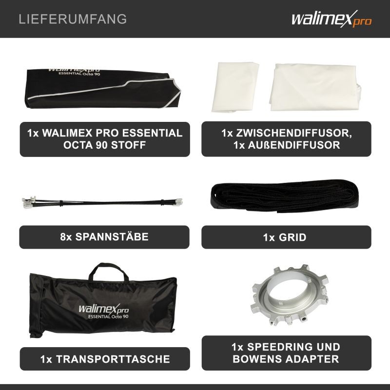 Walimex pro Essential Okta-softbox 90 cm, kenno, Bowens-adapteri ja kuljetuslaukku