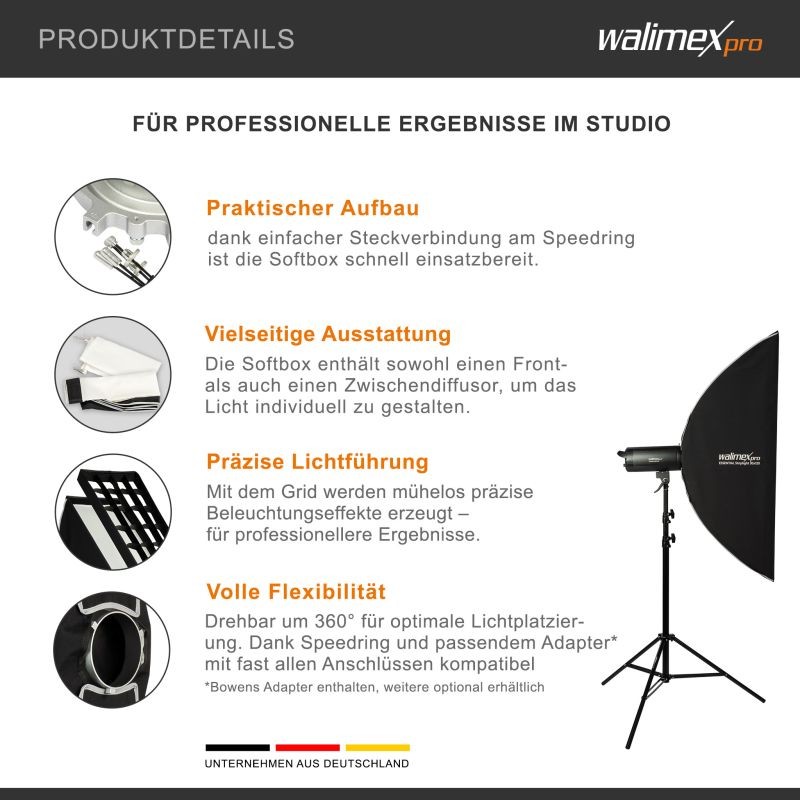 Walimex pro Essential striplight-softbox 30 x 120 cm, kenno, Bowens-adapteri ja kantolaukku