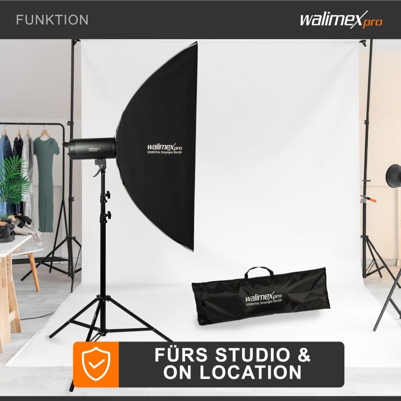 Walimex pro Essential striplight-softbox 30 x 120 cm, kenno, Bowens-adapteri ja kantolaukku