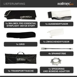 Walimex pro Essential striplight-softbox 30 x 120 cm, kenno, Bowens-adapteri ja kantolaukku