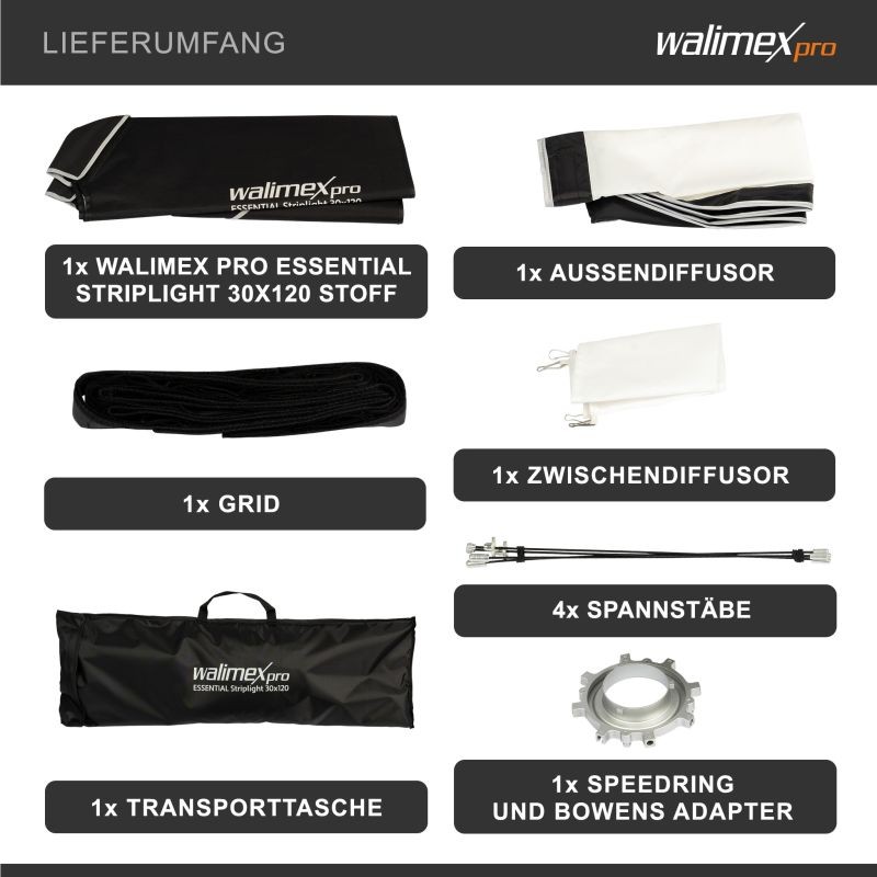 Walimex pro Essential striplight-softbox 30 x 120 cm, kenno, Bowens-adapteri ja kantolaukku