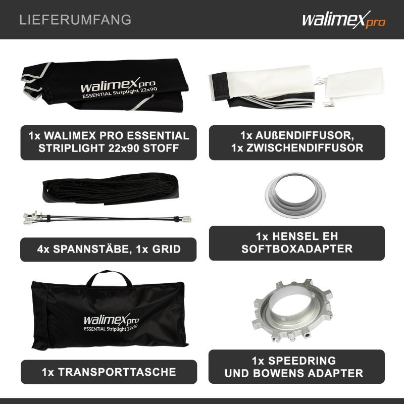 Walimex pro Essential Striplight-softbox 22 x 90 cm, kenno, Bowens- ja Hensel EH -adapterit, kuljetuslaukku