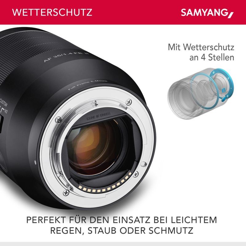Samyang AF 35mm F1,4 FE II laajakulmaobjektiivi Sony E-kennoille, täyskenno ja APS-C, sääsuojaus