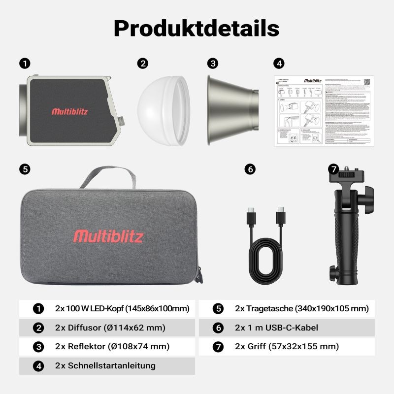 Multiblitz LED 100B Valaistussetti 2 kpl, FT-8051 jalustat ja 40 cm Octagon-softboxit