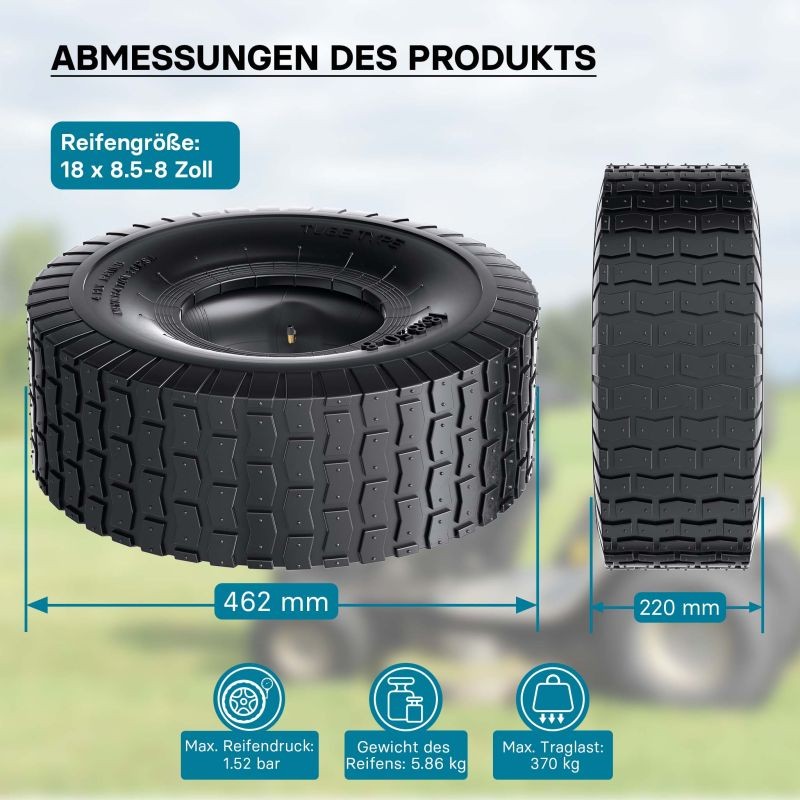 Ratsastajaleikkurin ja puutarhatraktorin rengas 18x8.50-8 4 PR, sisärengas ja kulmaventtiili