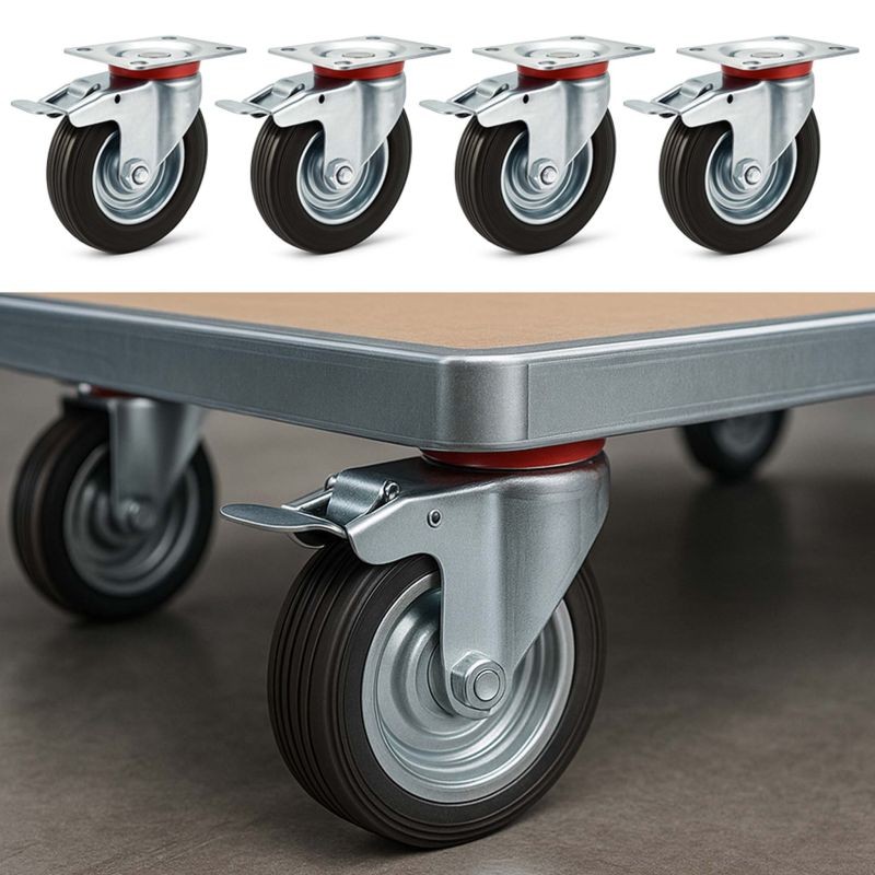 Transporttipyörät 4 kpl, täyskumi, 160 mm, 130 kg/pyörä, kaksoisjarru, kiinnityslevy