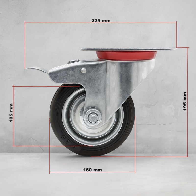 Transporttipyörät 4 kpl, täyskumi, 160 mm, 130 kg/pyörä, kaksoisjarru, kiinnityslevy