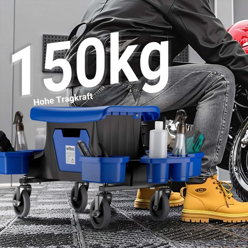 Verstasjakkara pyörillä, sininen, 150 kg, työkalu- ja säilytystilalla