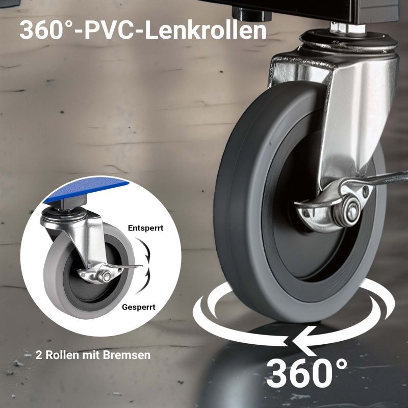 Verstasjakkara pyörillä, sininen, 150 kg, työkalu- ja säilytystilalla