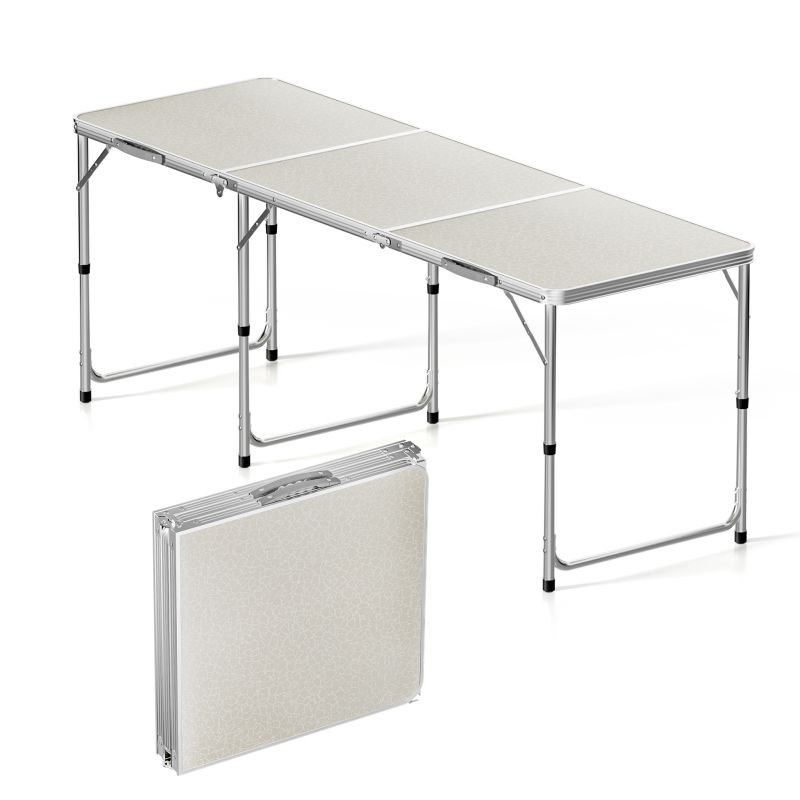 Toboli taitettava monikäyttöinen pöytä 180x60x70 cm, korkeussäädettävä 54/61/70 cm, valkoinen, alumiini ja MDF