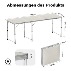 Toboli taitettava monikäyttöinen pöytä 180x60x70 cm, korkeussäädettävä 54/61/70 cm, valkoinen, alumiini ja MDF
