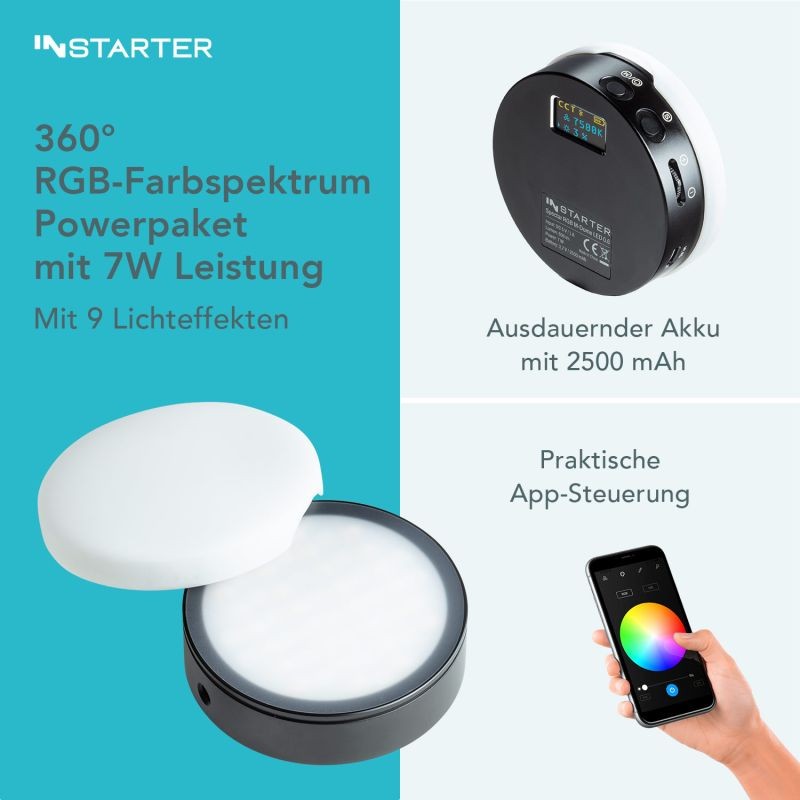 Instarter Spectar RGB M-Dome Mini LED-valaisin, RGB-värit, magneetti, 9 tehostetta, videokuvaus ja striimaus