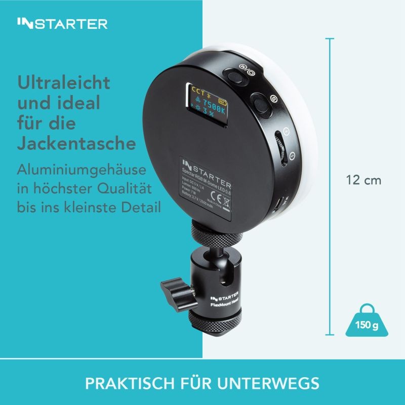 Instarter Spectar RGB M-Dome Mini LED-valaisin, RGB-värit, magneetti, 9 tehostetta, videokuvaus ja striimaus