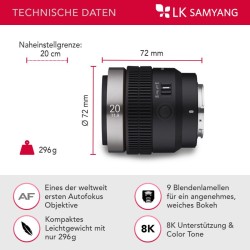 Samyang V-AF 20 mm T1,9 FE videobjektiivi Sony E, autofokus, 8K, Tally-merkkivalo, täyskenno ja APS-C