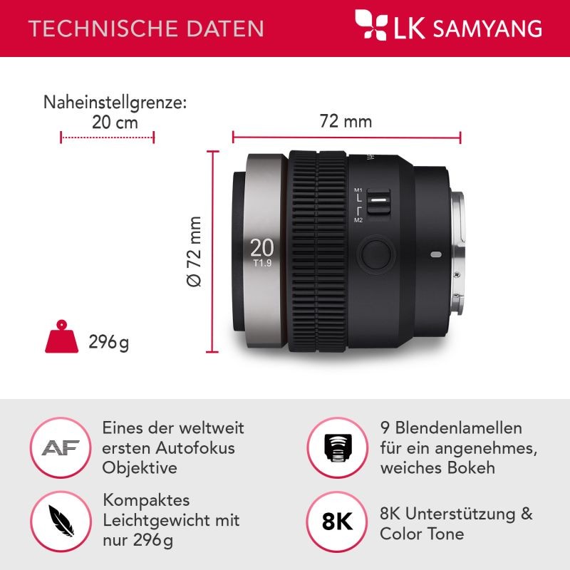 Samyang V-AF 20 mm T1,9 FE videobjektiivi Sony E, autofokus, 8K, Tally-merkkivalo, täyskenno ja APS-C