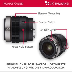 Samyang V-AF 20 mm T1,9 FE videobjektiivi Sony E, autofokus, 8K, Tally-merkkivalo, täyskenno ja APS-C