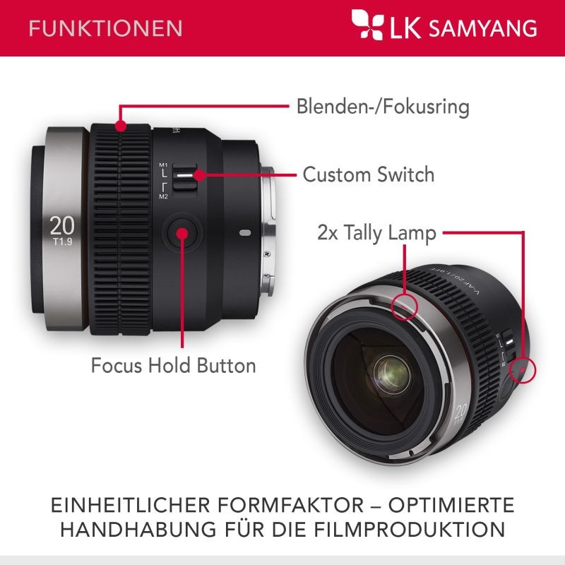 Samyang V-AF 20 mm T1,9 FE videobjektiivi Sony E, autofokus, 8K, Tally-merkkivalo, täyskenno ja APS-C