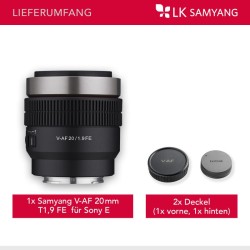 Samyang V-AF 20 mm T1,9 FE videobjektiivi Sony E, autofokus, 8K, Tally-merkkivalo, täyskenno ja APS-C