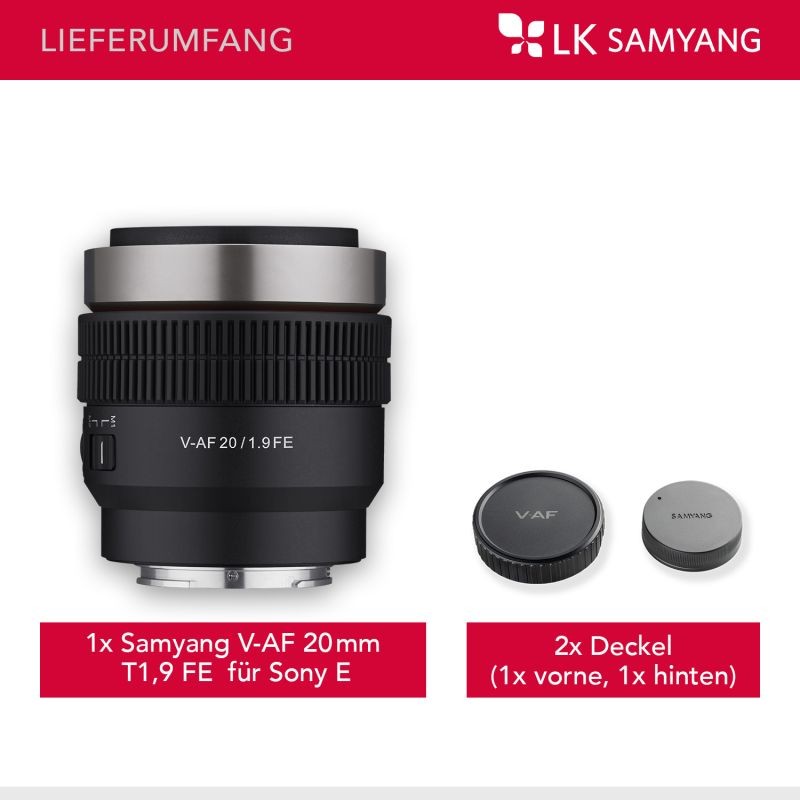 Samyang V-AF 20 mm T1,9 FE videobjektiivi Sony E, autofokus, 8K, Tally-merkkivalo, täyskenno ja APS-C