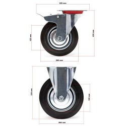 Kuljetuspyöräsarja 200 mm, 2x kääntyvä pyörä kaksoisjarrulla ja 2x kiinteä pyörä, täyskumi, 150 kg/pyörä
