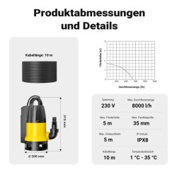 Likaveden uppopumppu 8000 l/h, 400 W, nostokorkeus 5 m, hiukkaskoko 35 mm
