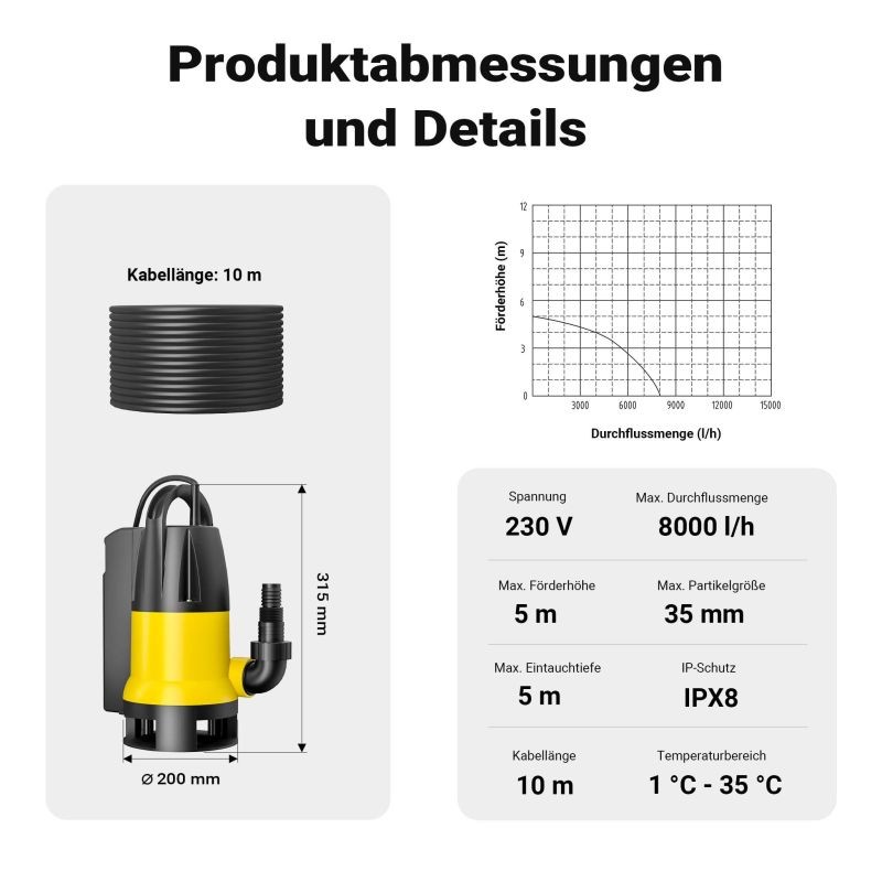 Likaveden uppopumppu 8000 l/h, 400 W, nostokorkeus 5 m, hiukkaskoko 35 mm