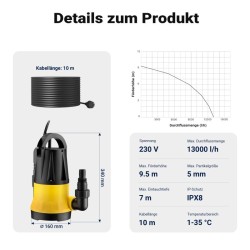 Puhtaan veden uppopumppu 750 W, 13 000 l/h, nostokorkeus 9,5 m, uppomaisuussyvyys 7 m, sensorilla