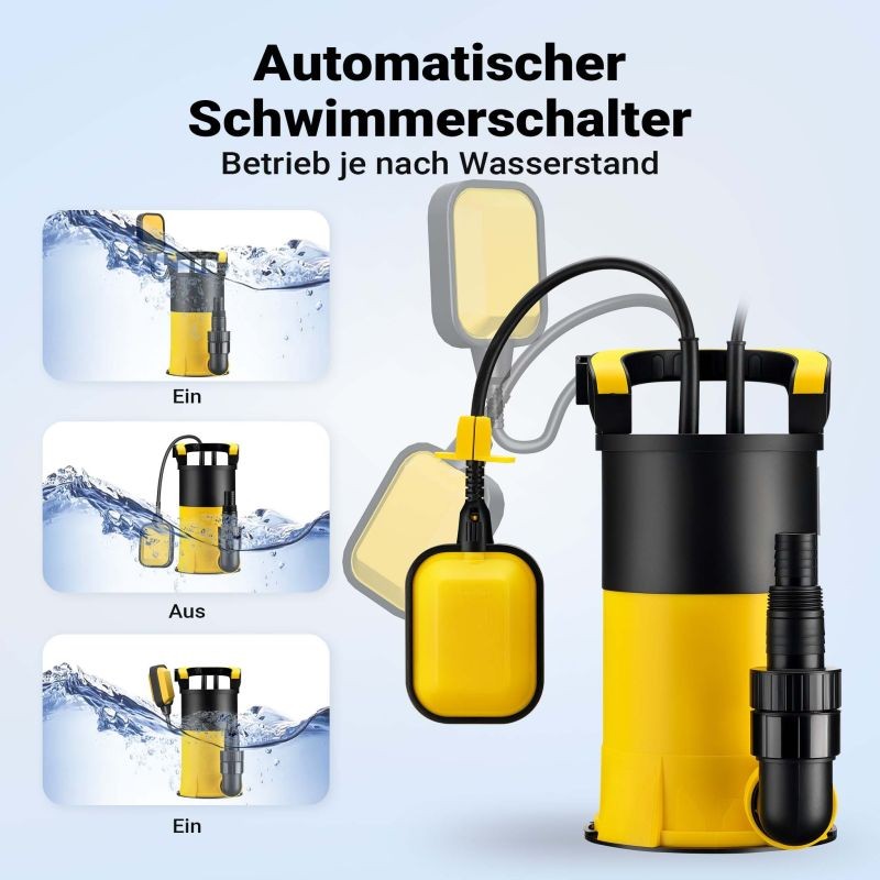 Uppopumppu puhtaalle vedelle 850 W, 15 000 l/h, matalaimu 1 mm, kellukskytkin, 8,5 m pumppauskorkeus