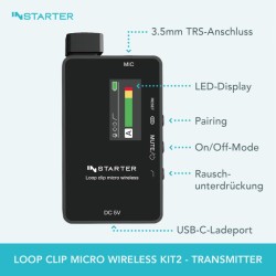 Instarter Lavalier Wireless System Kit 2 langaton mikrofonisetti, 1 lähetin, 1 vastaanotin, 50 m, USB-C, 3,5 mm