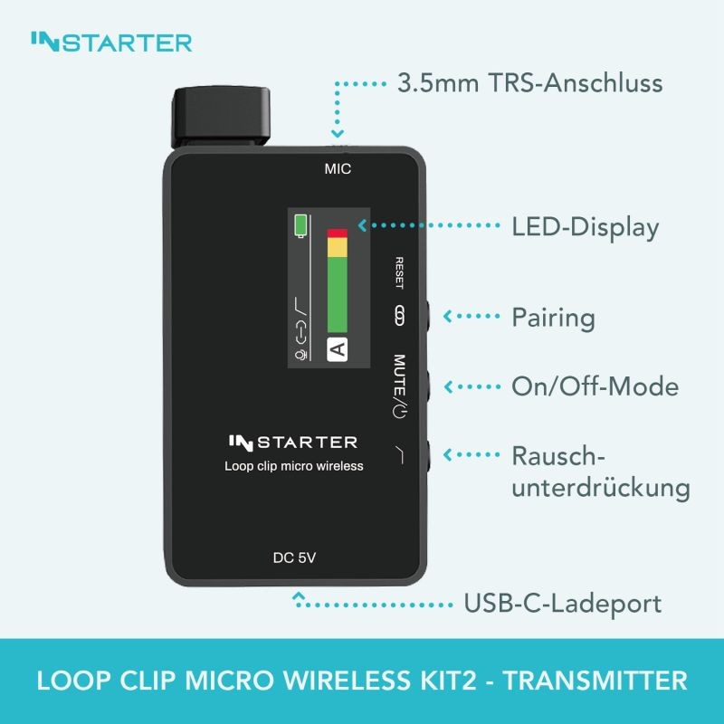 Instarter Lavalier Wireless System Kit 2 langaton mikrofonisetti, 1 lähetin, 1 vastaanotin, 50 m, USB-C, 3,5 mm