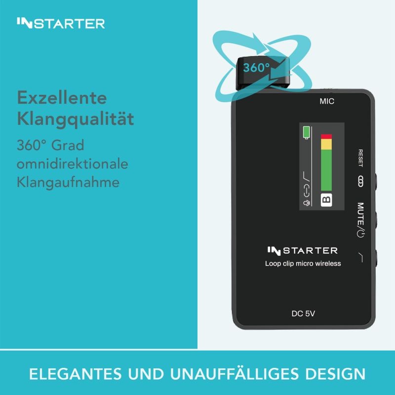 Instarter Lavalier Wireless System Kit 2 langaton mikrofonisetti, 1 lähetin, 1 vastaanotin, 50 m, USB-C, 3,5 mm