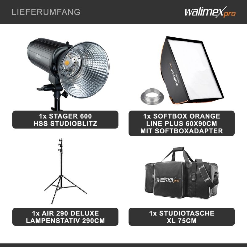 Walimex pro Stager 600 HSS studiosalamasetti, 600 W, softbox 60x90 cm, valojalka ja laukku