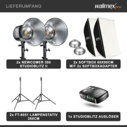 Walimex pro Newcomer 300 II studiovalaistussetti 2 kpl 300 W s softboxit 60x90 cm ja valojalat