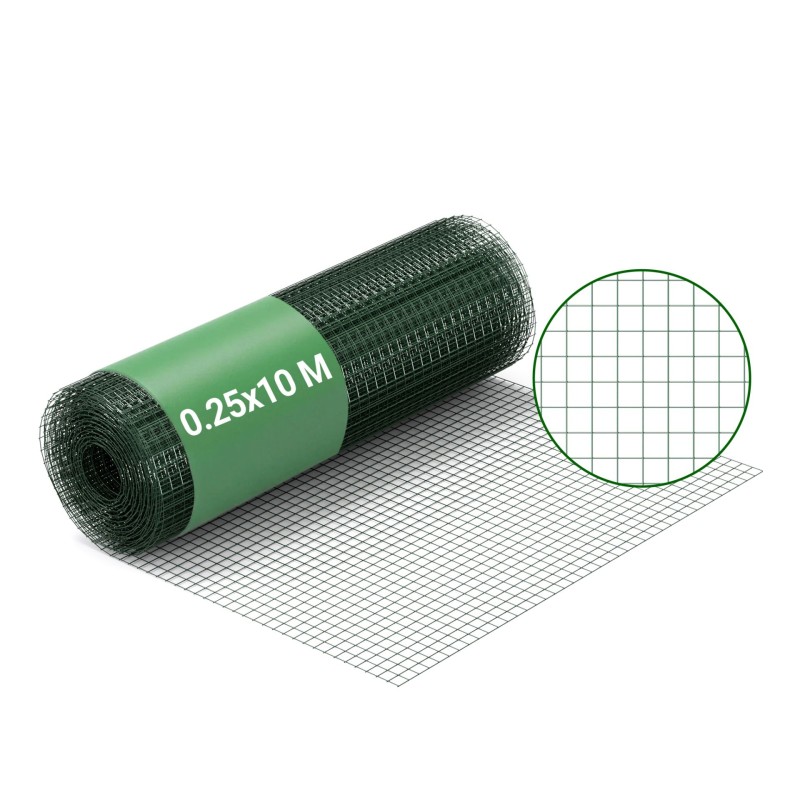 Vihreä PVC-pinnoitettu sinkitty teräsverkko 12x12mm 1x25m