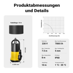 Likaveden pumppu 7000 l/h, 400 W, maks. nostokorkeus 7,5 m, hiukkaskoko 5 mm