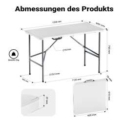 Kokoontaitettava kampingspöytä 122 x 60 x 75 cm, valkoinen, HDPE-muovi