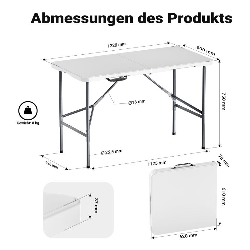 Kokoontaitettava kampingspöytä 122 x 60 x 75 cm, valkoinen, HDPE-muovi