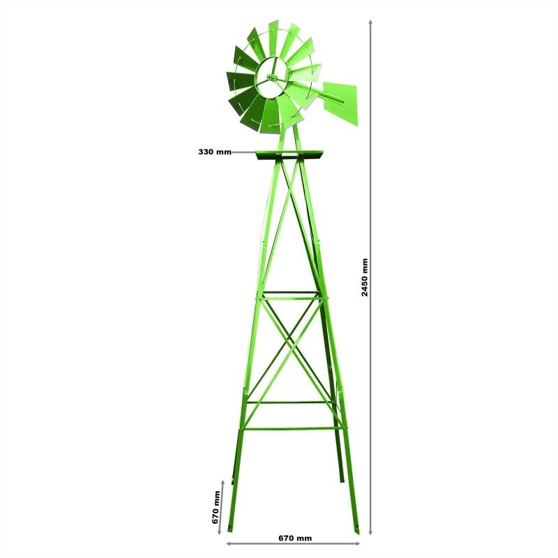 US-tyylinen tuulimylly 245 cm, hiiliteräs, vihreä ja keltainen, kasvituki